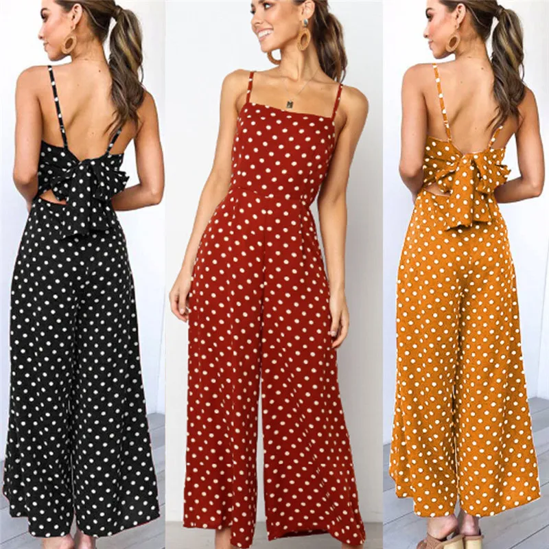 

Sleeveless Backless Boho Bow-knot Dot Jumpsuits Women 2020 Summer Floral Print Romper Strap Beach Club Elegant Jumpsuit Overalls
