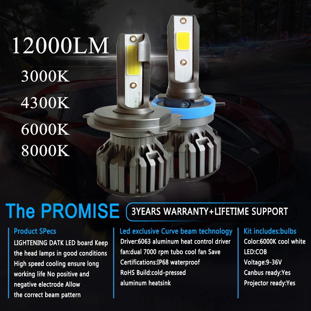ZTZPIE 12000LM 4300K 6000K 8000K 3000K 9005 9006 H1 H8 H7 H4 H11H9 9012 Turbo светодиодные лампы 12V Автомобильные фары супер яркий COB светодиодные лампы