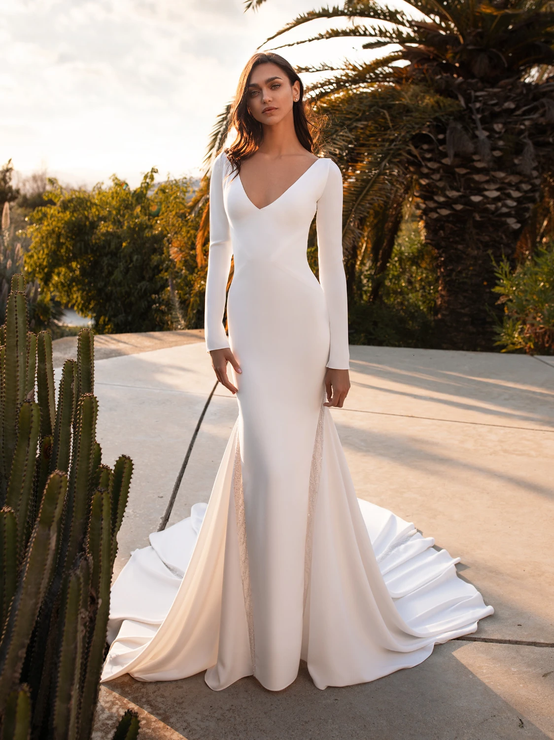Vivian's Bridal винтажное мягкое Пятнистое свадебное платье русалки сексуальное с открытой спиной Глубокий v-образный вырез с длинным рукавом Часовня Поезд свадебное платье