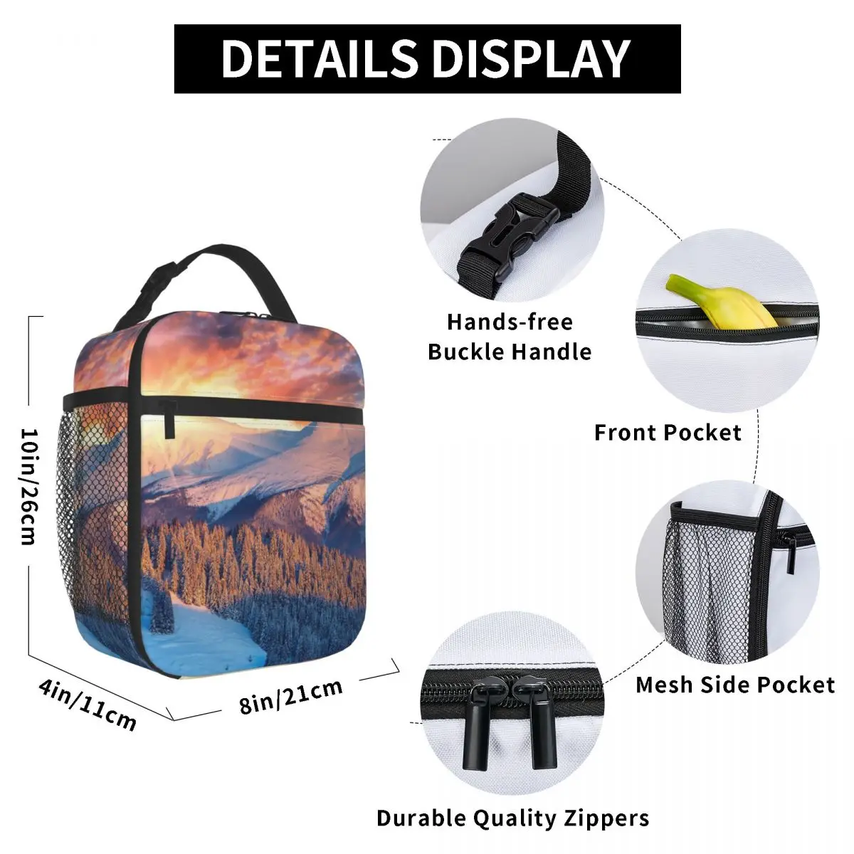 

Colorful Winter Sunrise In Mountains Lunch Bag for Women Men Large Insulated Lunch Box with Water Bottle Holder and Pockets