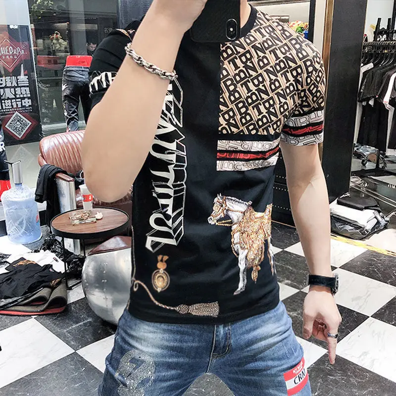 

Men's 2021 summer new short sleeve fashion retro printed slim fit T-shirt ice trend fashion