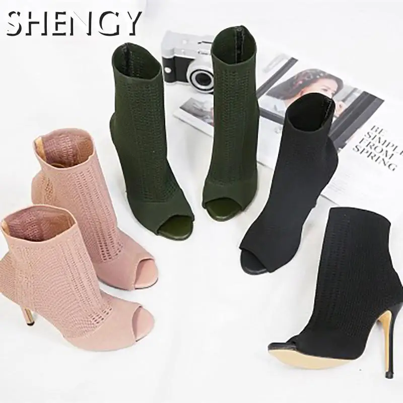 

2020 Women Boots Knitted Ankle Woman Fashion High Thin Heel Women's Hollow Out Fashion Ladies Peep Toe Female Elegant Sock Shoes