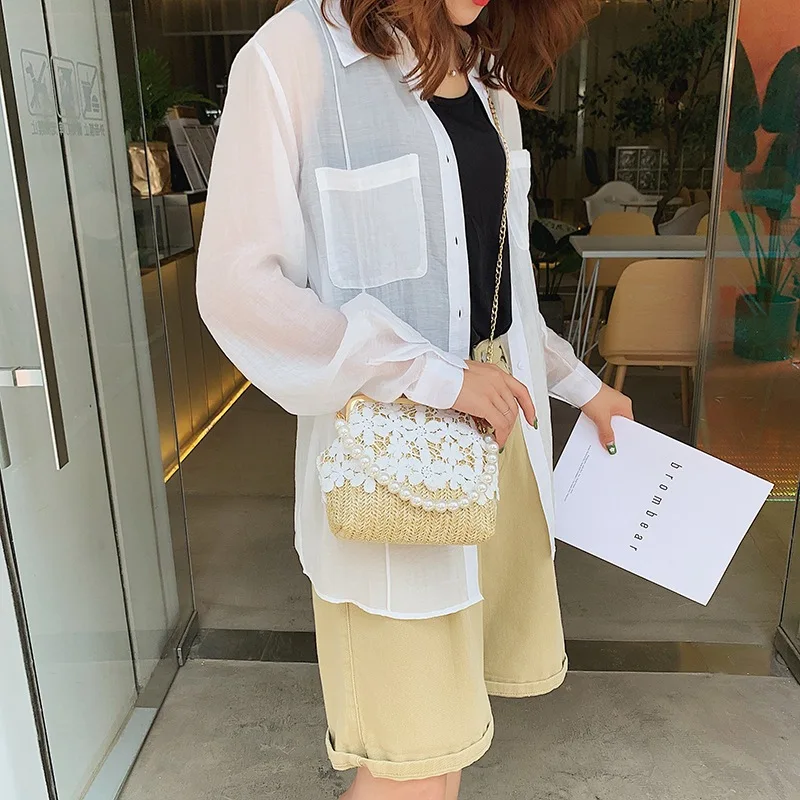 Пляжная соломенная сумка с вышивкой Модный богемный кружевной саквояж на