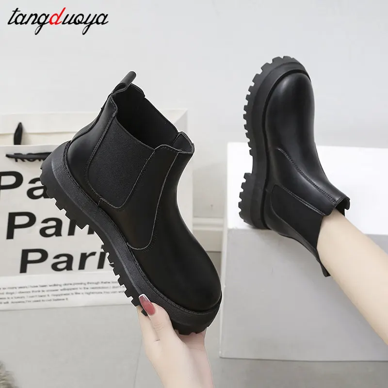 

platform Winter Boots Women British Style 2021 New Autumn Retro Wild Thick-soled Increased Chelsea Motorcycle Boots Women Shoes