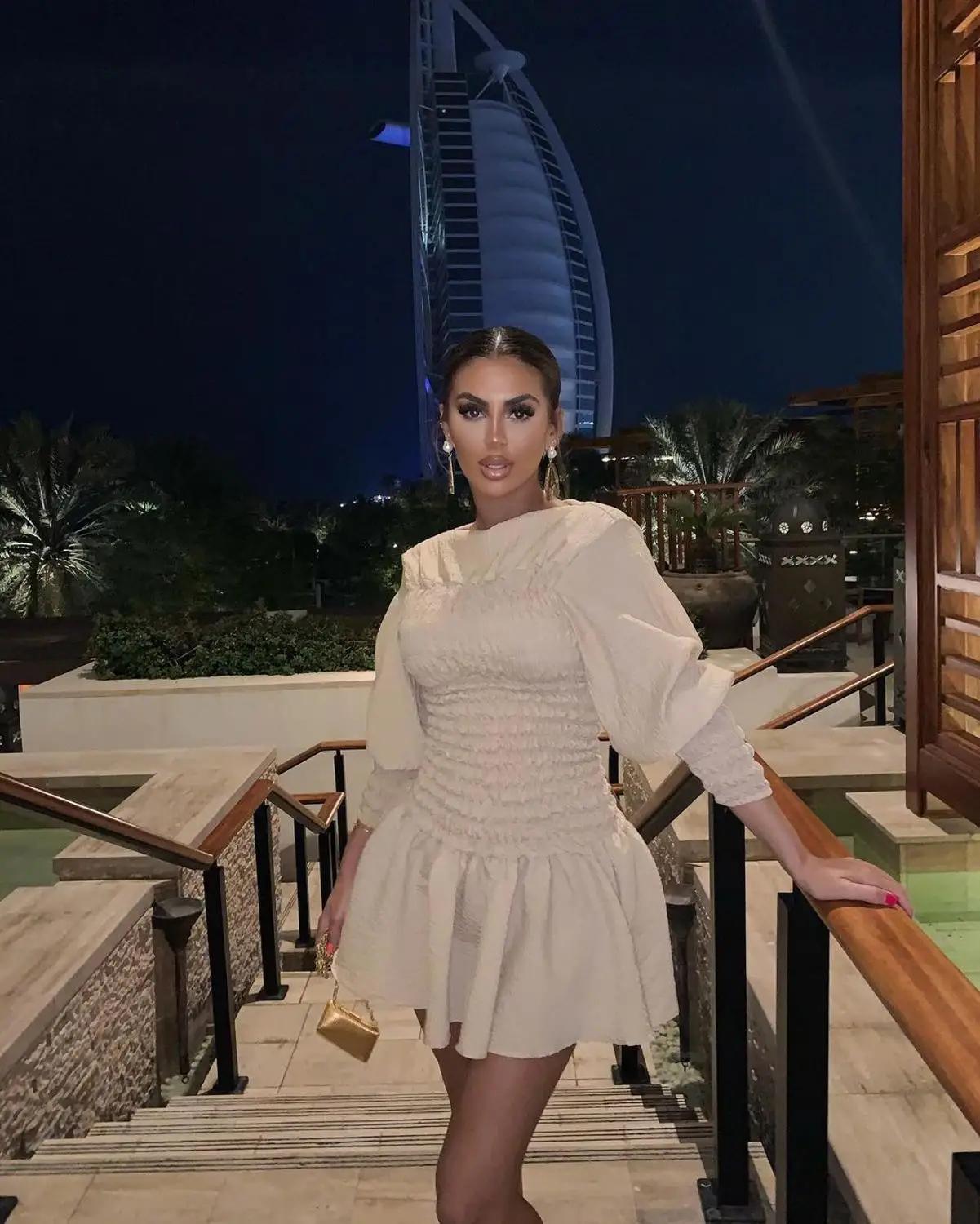 

Women Dresses O-Neck Puff Sleeve Skinny Pleated Patchwork Draped Ruffles Stacked Mini Dress For Nightclub Autumn French Style