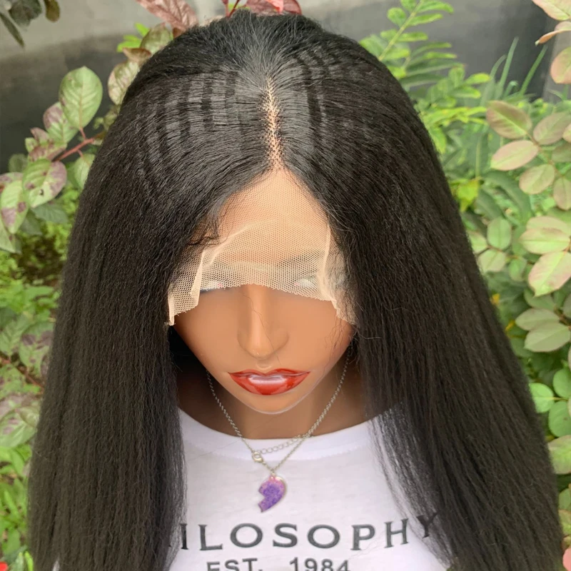 

1B Black Kinky Straight Synthetic Hair Yaki Lace Front Wig Glueless Heat Resistant Fiber Hair Natural Hairline For Women Wigs