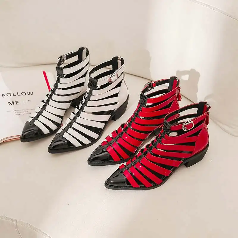 

krazing pot mixed color natural leather med heels pointed toe narrow band mature sunscreen breathable zip ankle summer boots L06