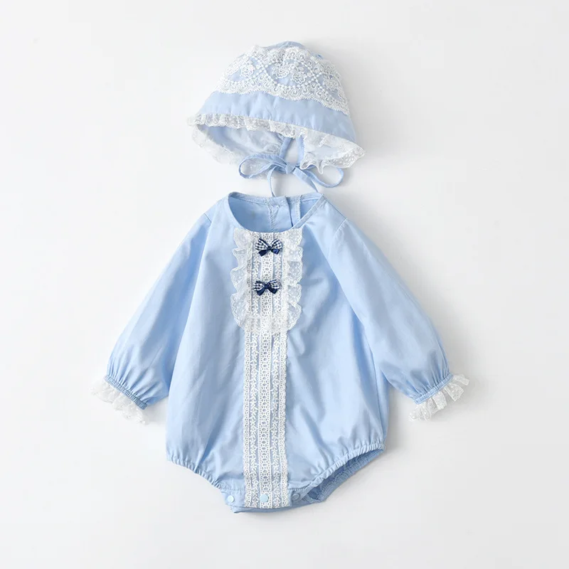 

New Born Baby Girl Clothes 0-18 Months Baby Twin Clothes Blue Lace One-piece Bodysuit Bow Tie Long Sleeve Newborn Girls Onesie