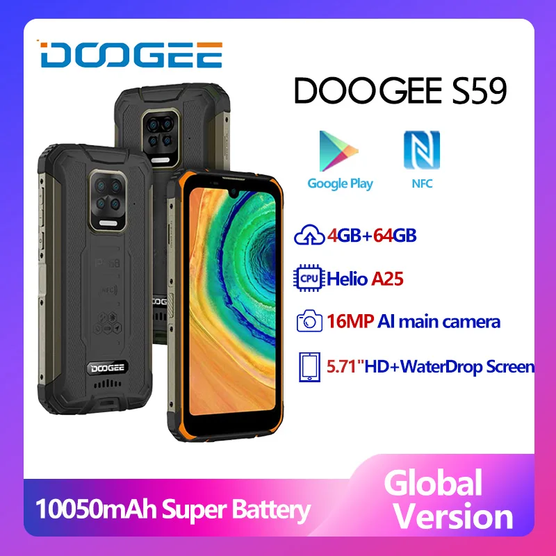 

DOOGEE S59 Smartphone 5.71 HD+ Rugged Phone 10050mAh Super Battery 4GB 64GB Cellphone IP68/IP69K 2W Loud Volume Speaker Celular