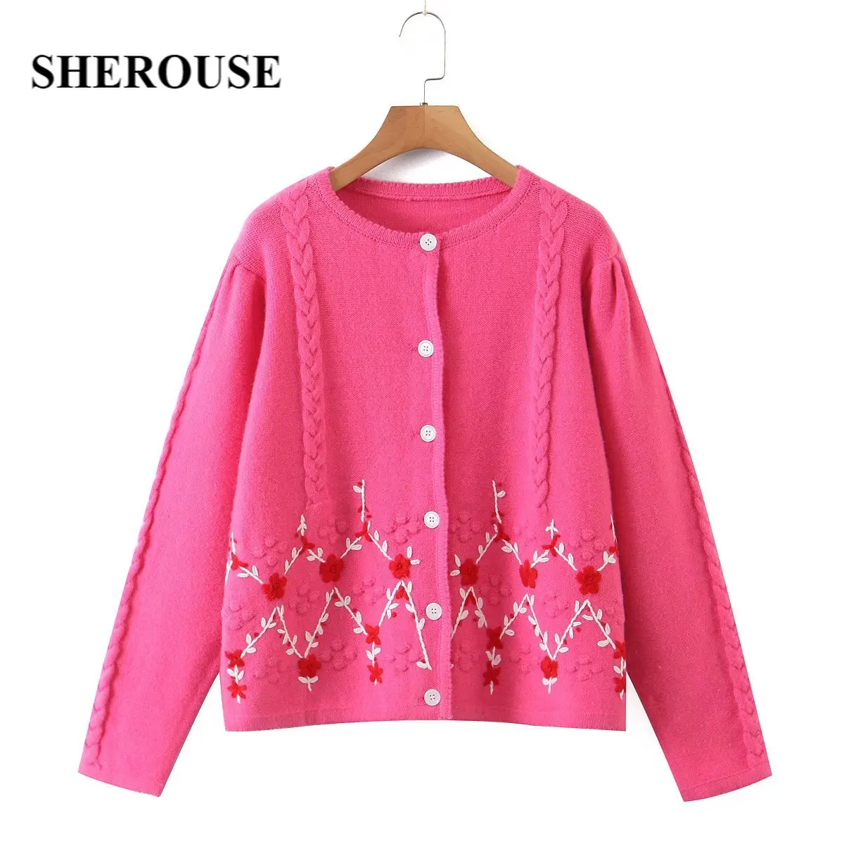 

Sherouse Women Fashion Jacquard Single Breasted Knitted Cardigan Vintage O-Neck Long Sleeves Female Knit Sweater Chic Tops