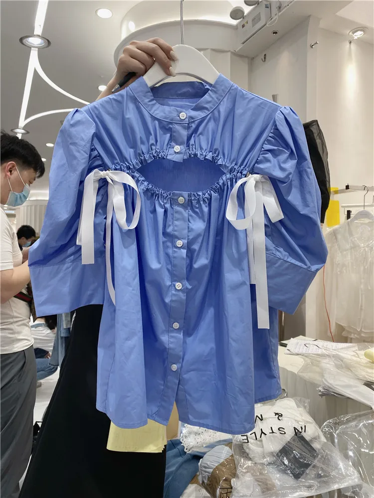 

2021 Summer New Bow Stand Collar Short Sleeve Shirt Ladies Fashion Solid Color SIngle-Bressted Top Female Blouses