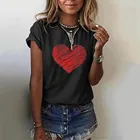Женская Черная футболка с принтом сердца, Женская свободная футболка с коротким рукавом и круглым вырезом, лето 2021, женская футболка, топы, женские футболки