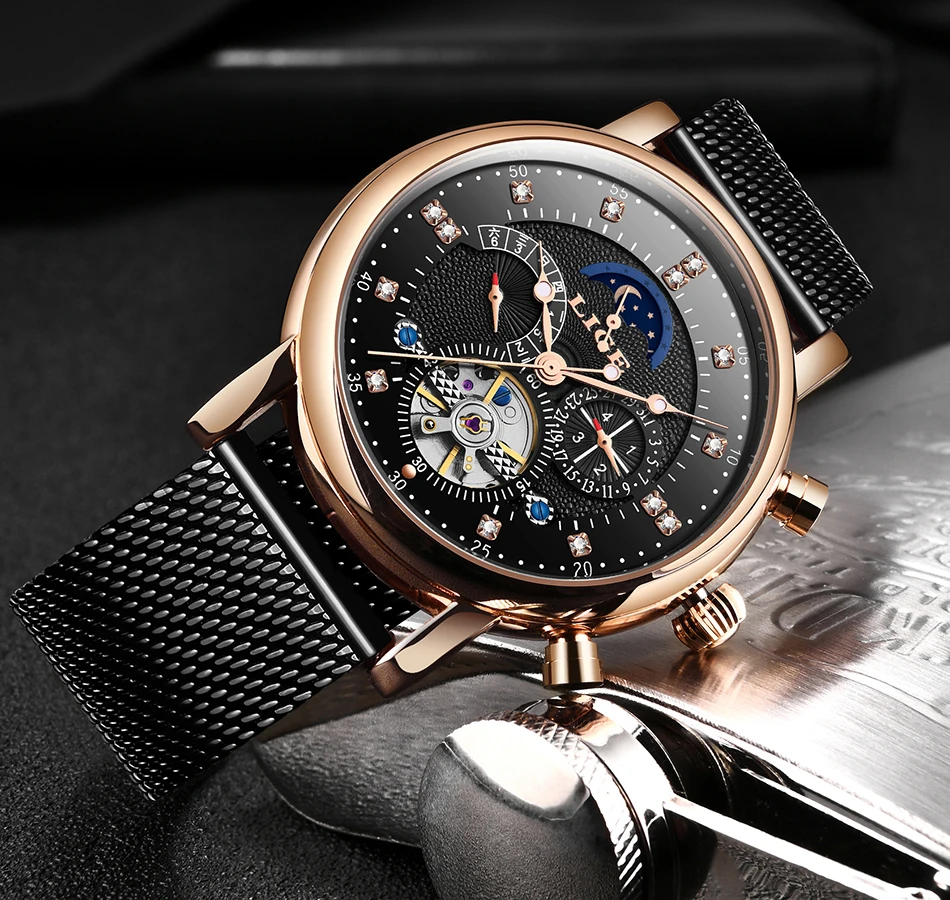 Бренд lige Tourbillon модные часы в деловом стиле автоматические механические часы мужские повседневные Водонепроницаемые кожаные часы Relogio Masculino