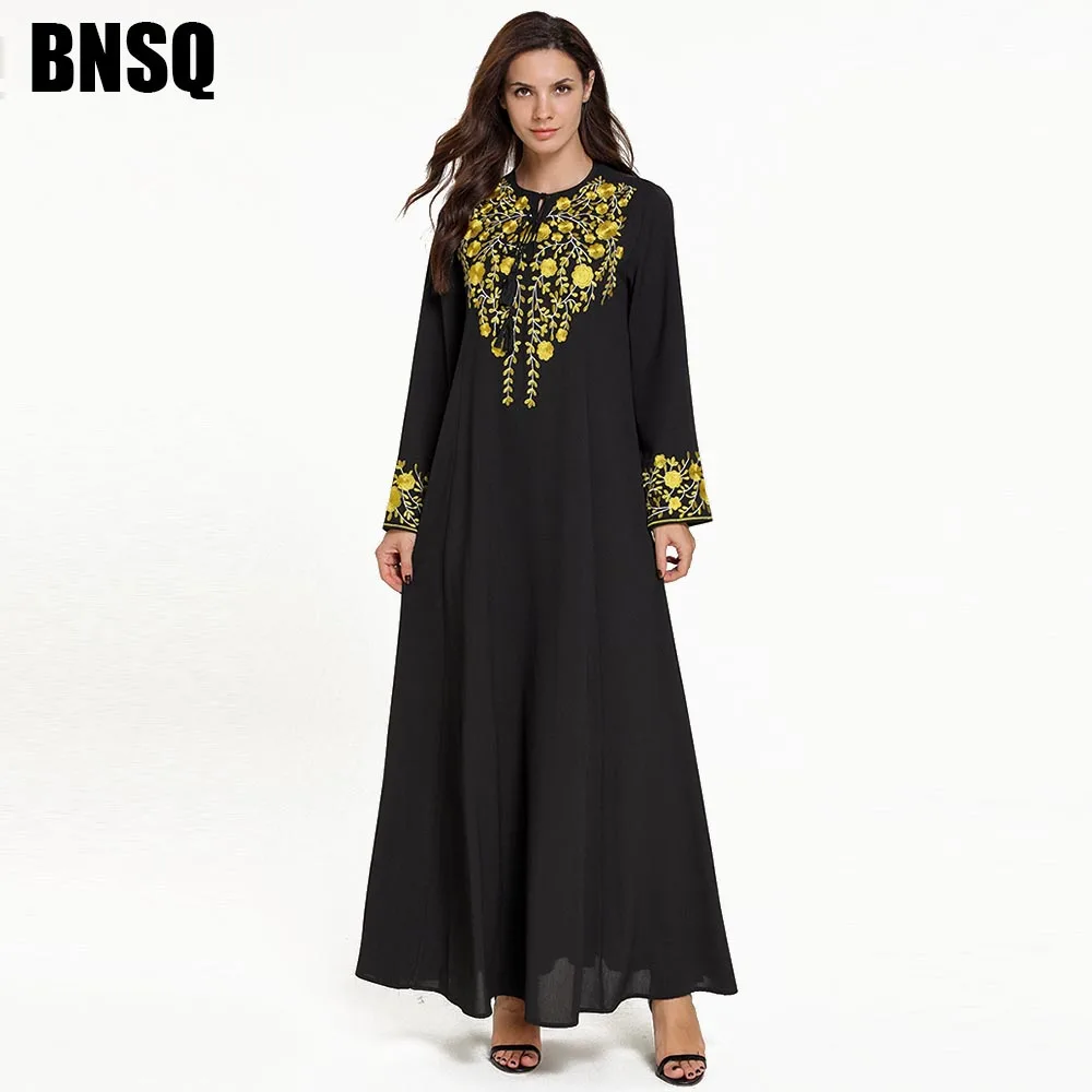 

BNSQ Elegant Islamic Black Long-Sleeved Abaya Dubai Dress With Gold Floral Embroidery High Quality Ramadam Clothes Maxi M-4XL