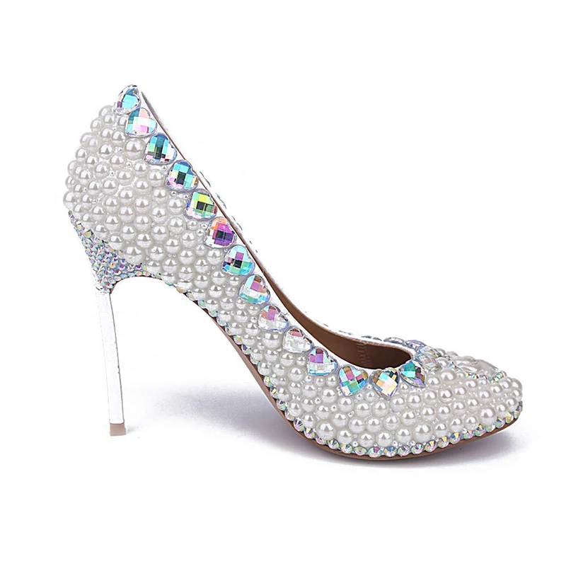 Пикантные свадебные туфли на шпильке белые жемчужные стразы Вечерние высоком