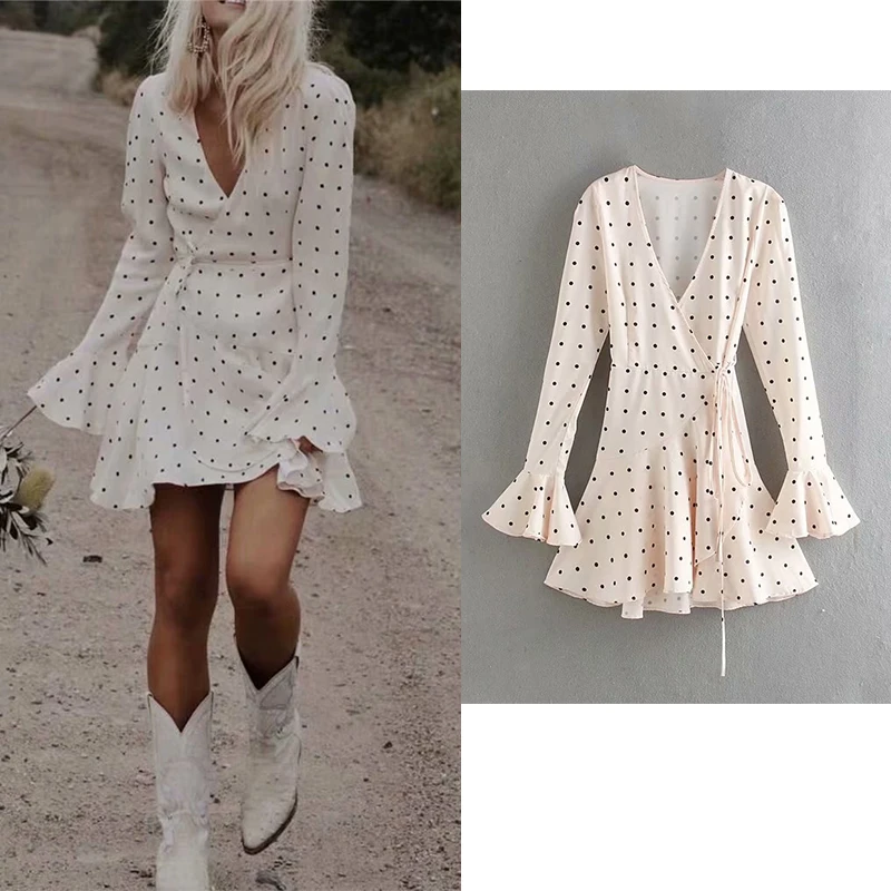 Женское платье с оборками Za элегантное свободное в горошек v образным вырезом и