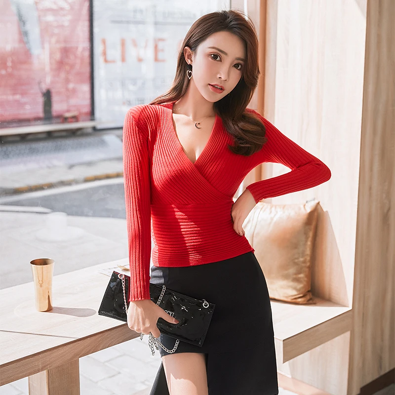 Женский свитер 2019 модный вязаный пуловер свободный крест-накрест Одноцветный