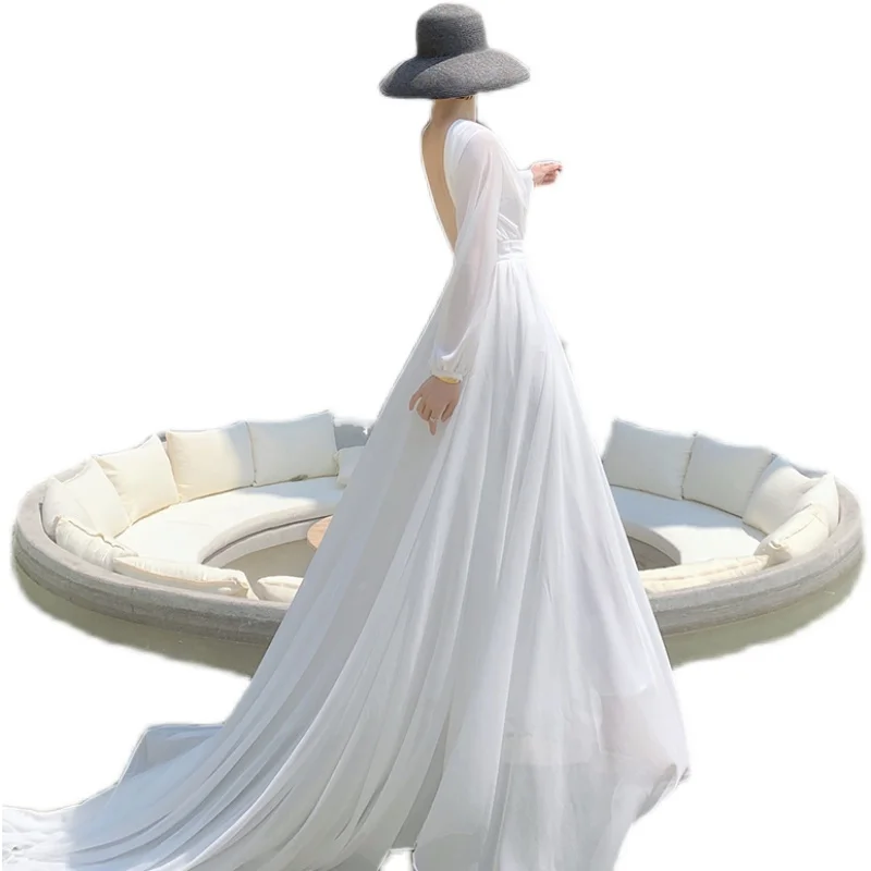 

Women Dress Summer 2021 Bohemian Cute Beach Style Full Sleeve Chiffon Solid Dovetail O-Neck High Waist Zipper Dresses Traf