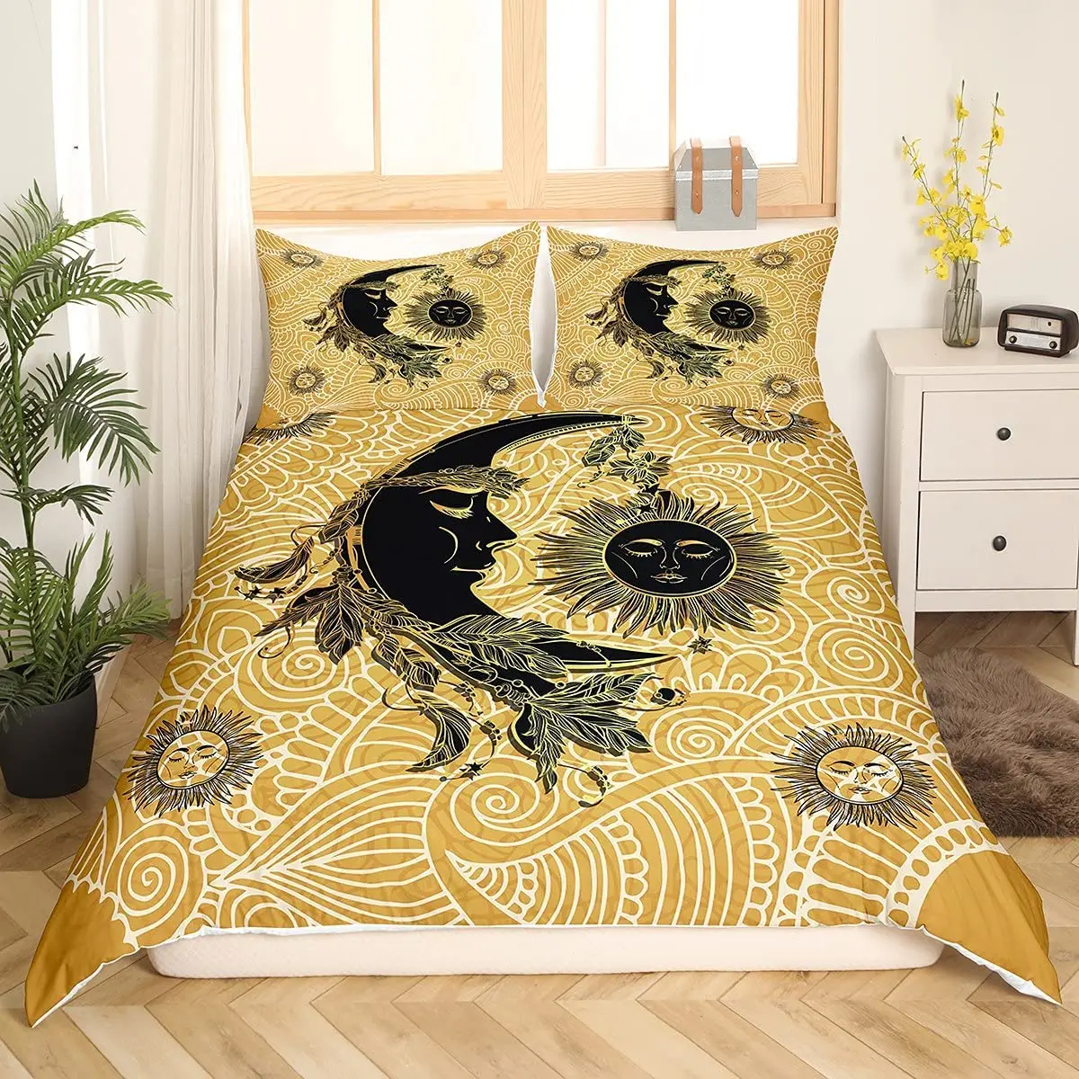 Комплект постельного белья с золотым солнцем и луной в стиле бохо | Дом сад