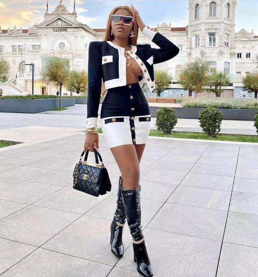 Женский комплект из двух предметов черно белое платье в стиле пэчворк с круглым