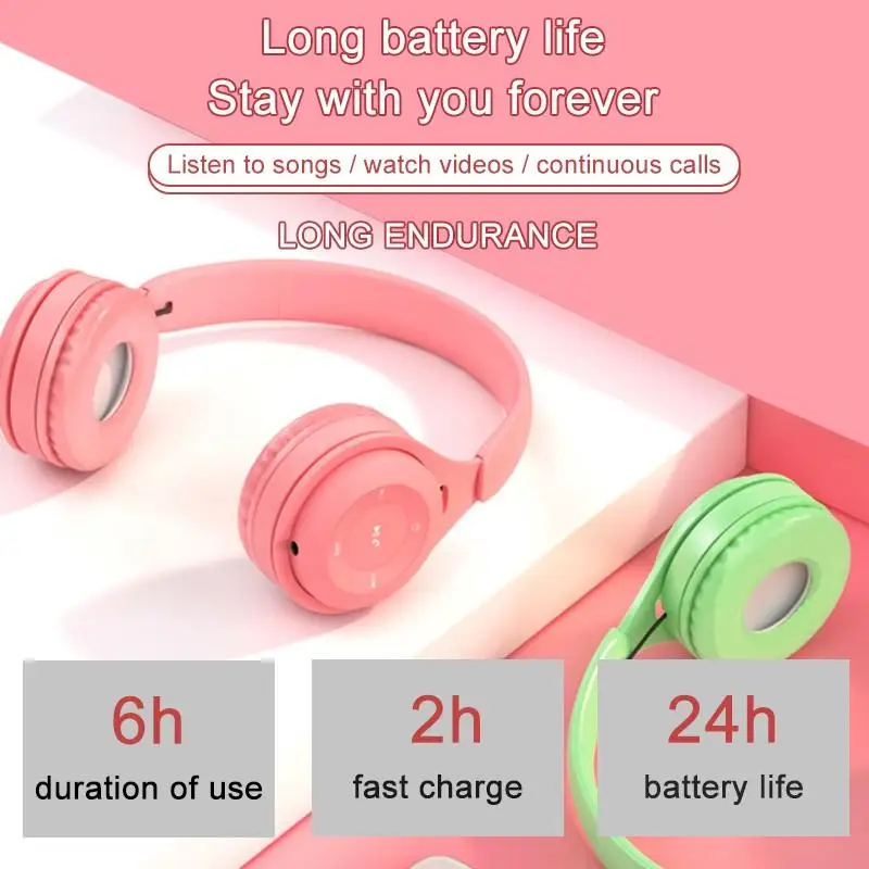 Headphones Macaron Color Hifi Music Auto Pairing Earphones Bluetooth-Compatible Wireless Can Inserted TF Card Blue Pink Headsets |