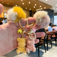 luxury pompom fur plush rabbit car keychain for women purse key chain bag charm women trinket key accessories hot keyrings