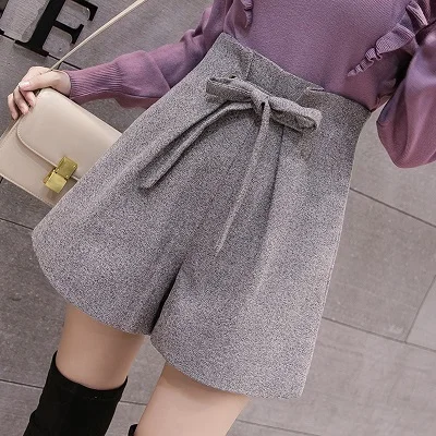 grey Новинка, женские шерстяные шорты, корейские шикарные, на шнуровке, с высокой талией, широкие шорты, женские элегантные шерстяные шорты, осенне-зимние штаны - Цвет: grey