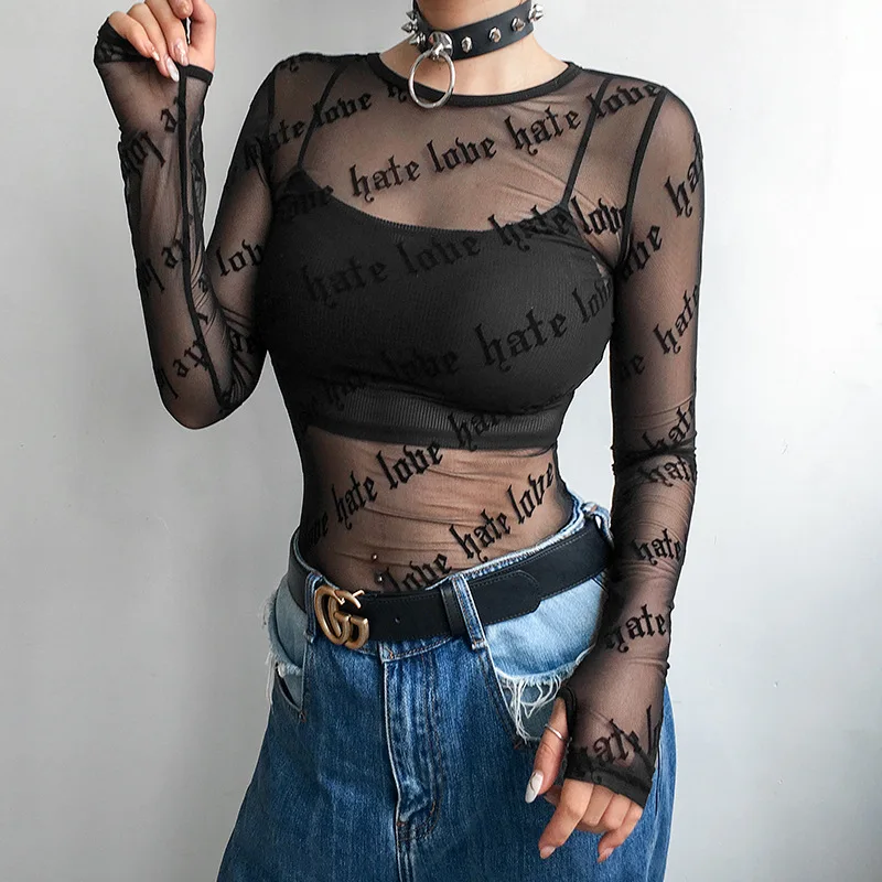 

Sexy Women Mesh T-Shirts See-Through Perspective Tshirt Letter Printed O Neck Transparent Long Sleeve T Shirt Tops Women