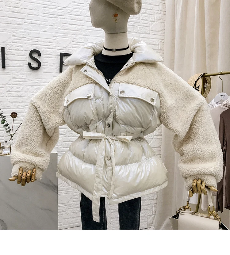 Mooirue Winter Casual Parkas Sherpa Fleece Patchwork Drawstring Lace Up Vintage Coats Harajuku Jackets Female white Coats