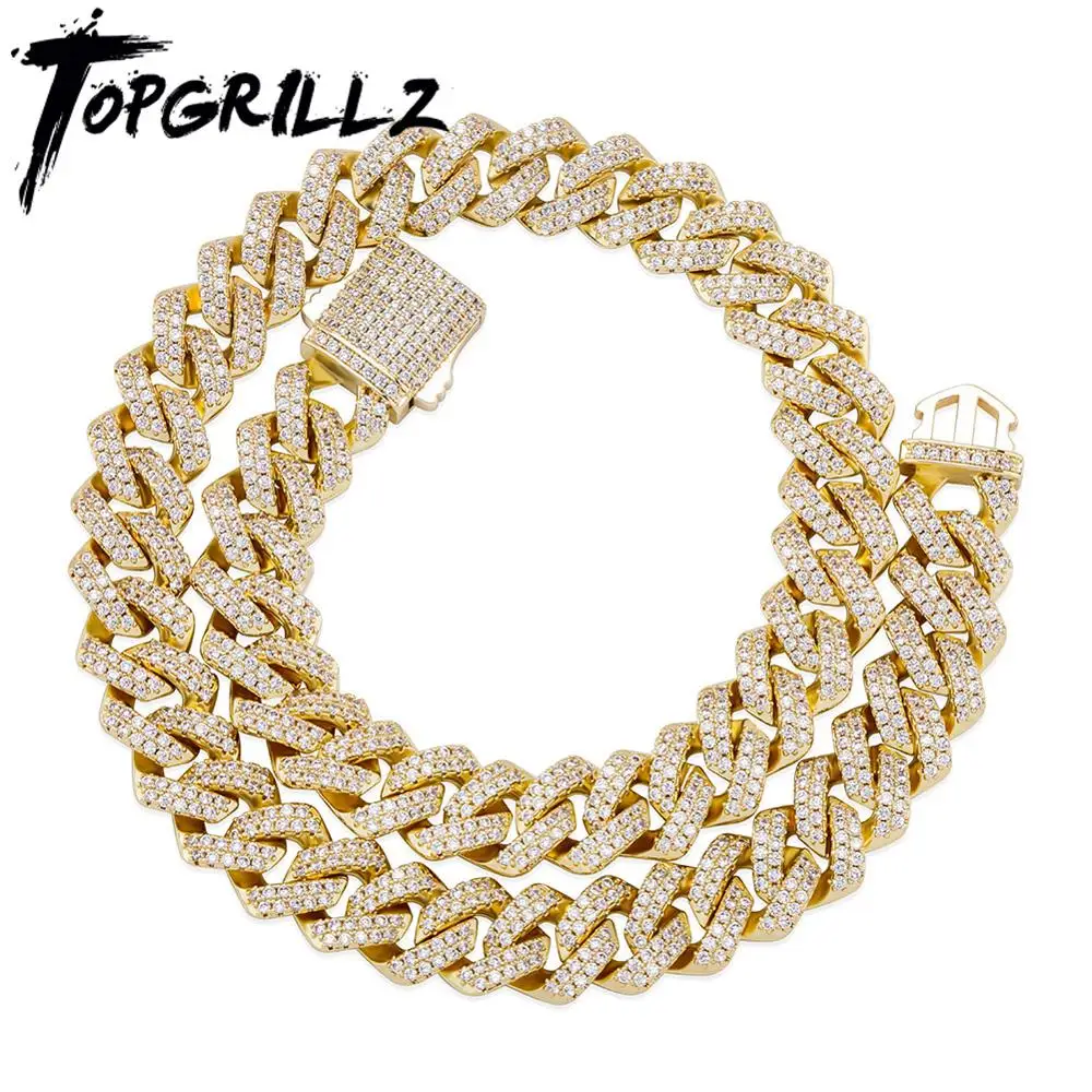 TOPGRILLZ 12/14mm Miami Cuban Chain Necklace With Spring Clasp Full Iced Cubic Zirconia White/Yellow Gold Hiphop Fashion Jewelry