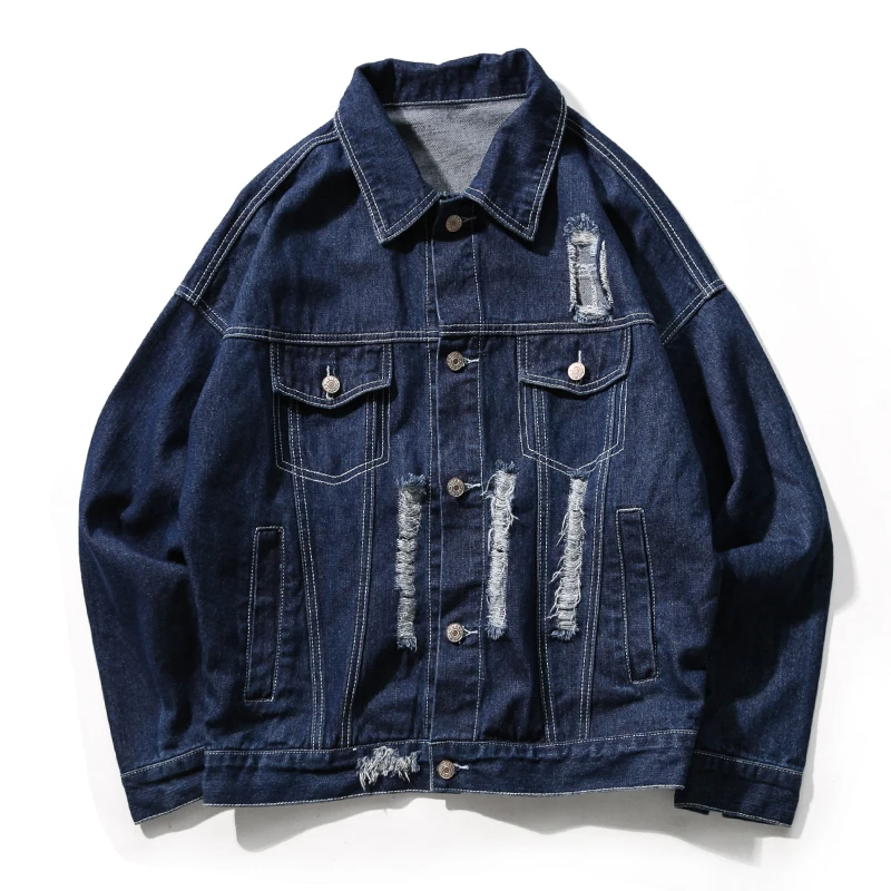 Мужская джинсовая куртка-бомбер Повседневная синяя рваная куртка с отложным