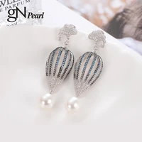gn pearl balloon 925 silver zircon drop earring gnpearl 10 11mm natrual freshwater pearl stud fine jewelry for women girls gift