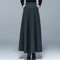 faux wool plaid women skirt with pocket pleated autumn check tartan a line midi skirts winter vintage elegant ladies bottoms