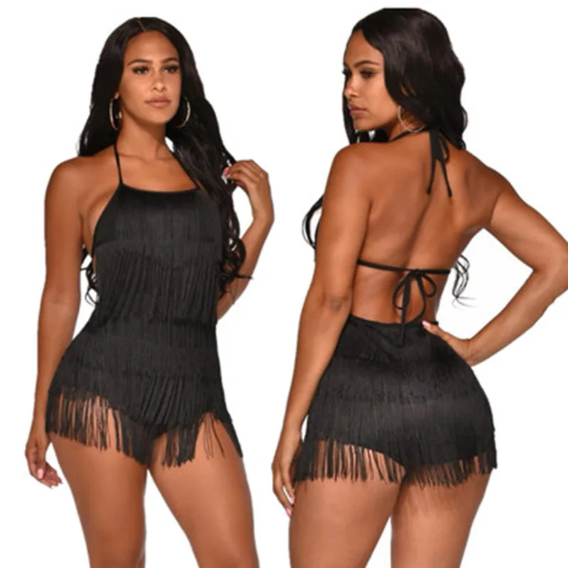 

New Sexy Sleeveless Backless Tassel Jumpsuit 2020 Women Summer Adjustable Bandage Solid Knitted Romper Stage Performance Wear