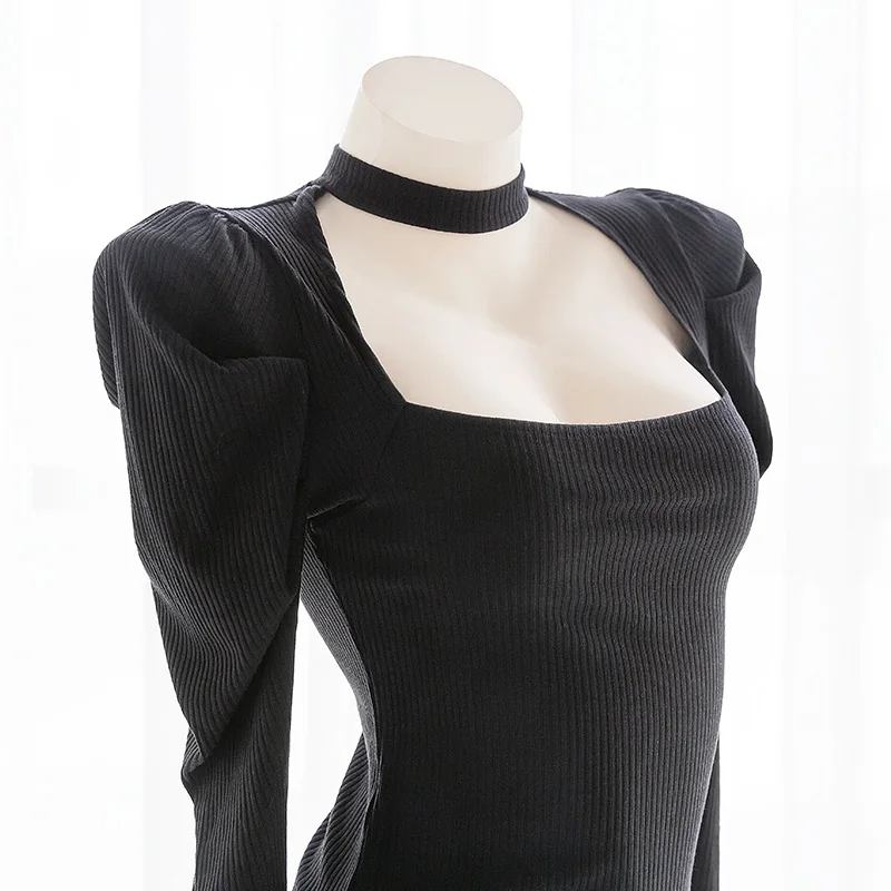

Japanese Cosplay Women's One-pieces Long Sleeve Sweater Lingerie Sweet Sexy Open Chest Neck Ring Thin Knitted Jumpsuits
