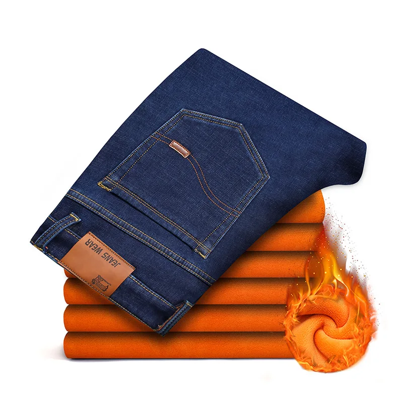 Джинсы мужские Фланелевые стрейчевые теплые брюки с флисовой подкладкой прямые