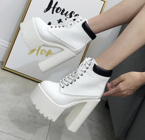 Classic high thick-heeled women's boots waterproof platform lace high-heeled short |