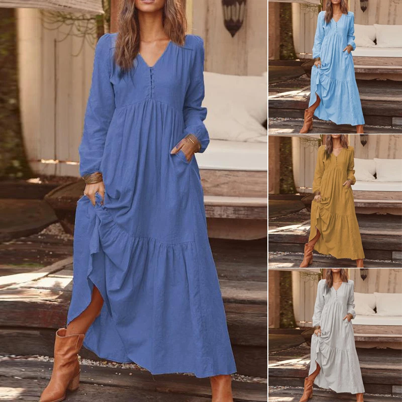 Женские платья Boho с v-образным вырезом Платье Повседневный свободный пляжный