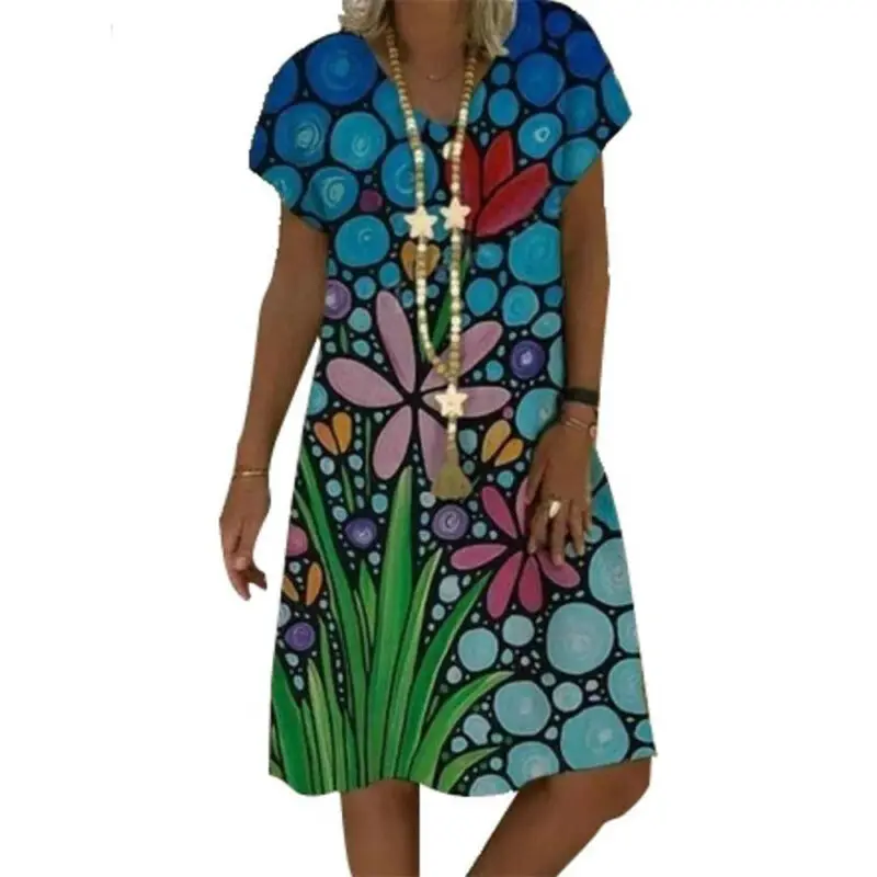 

Women Tie-dye Printed V Neck Kaftan Dress Casual Loose Beach Short Sleeve Dress