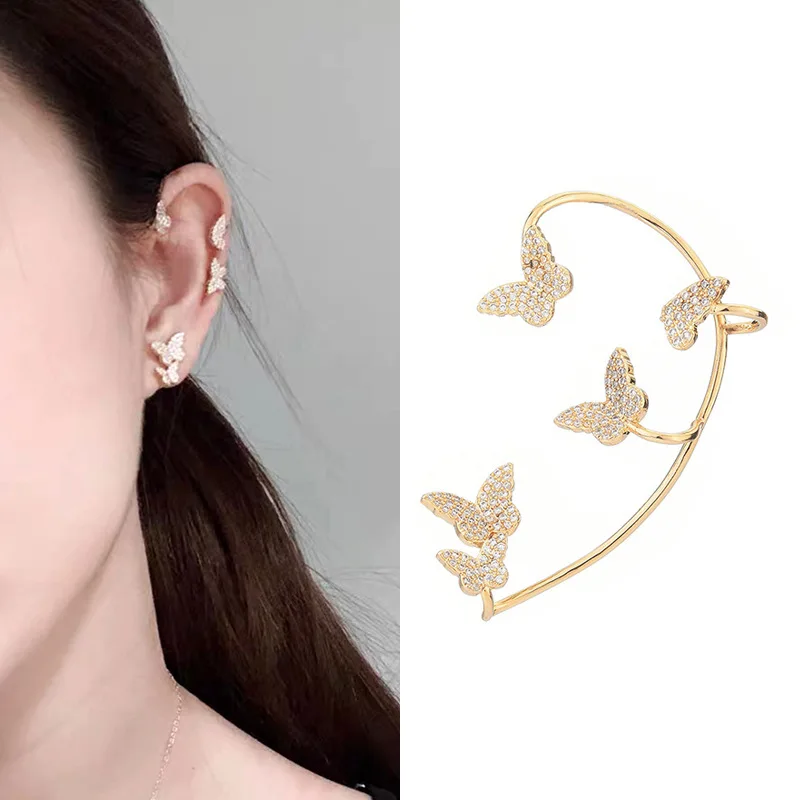 

Fairy Butterfly Gold Earrings for Women Ear Clip with Rhinestones Non Piercing Ear Cuffs Jewelry for Women