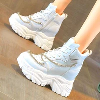 increasing height fashion sneakers womens genuine cow leather round toe platform wedge ankle boots punk chain creepers shoes