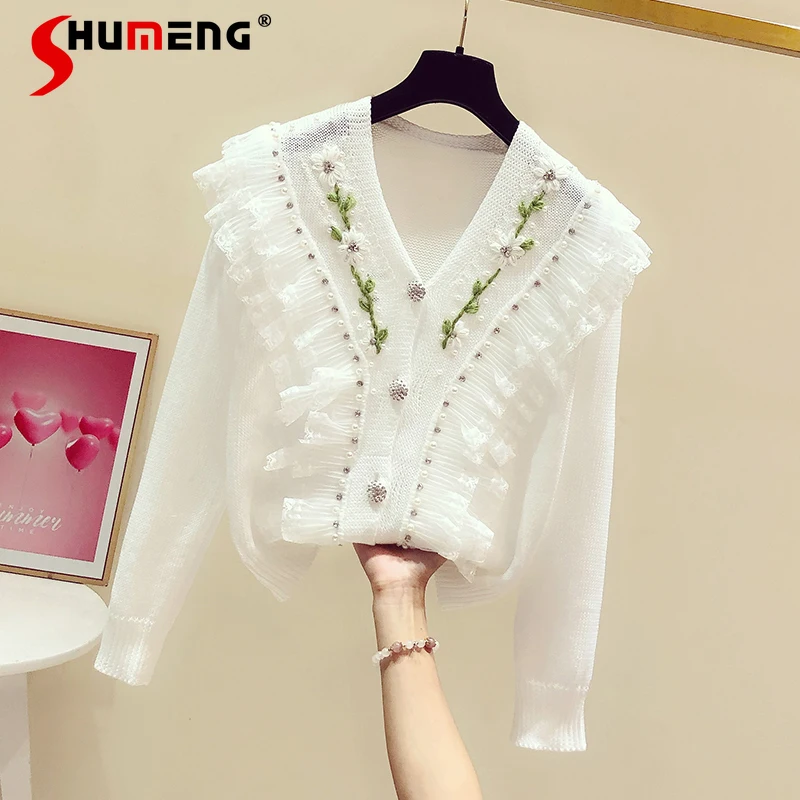 

Женский вязаный кардиган с кружевом, V-образным вырезом и цветочной вышивкой