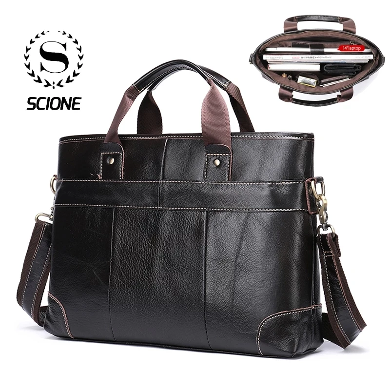 Scione Men's Leather Briefcase Bag Messenger Genuine Leather 14 Laptop Documents Hand Bags Office Business Tote for Husband K119