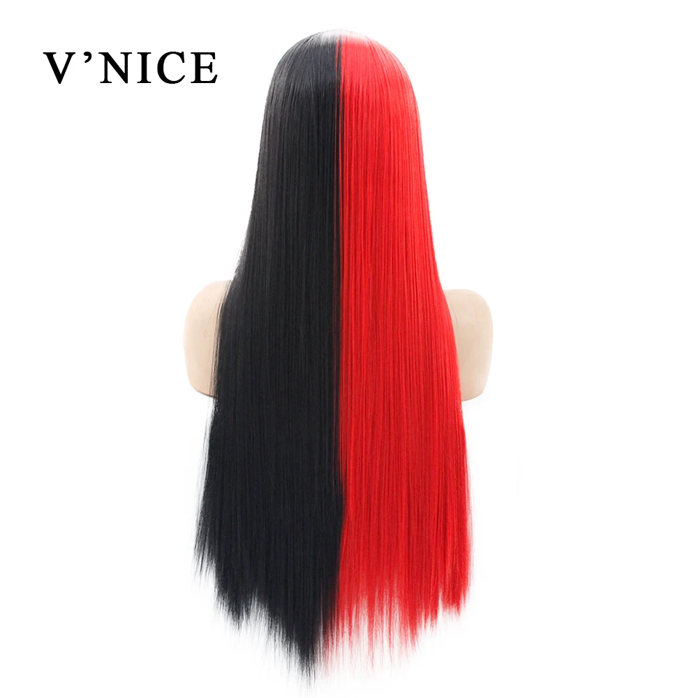 Black Red V'NICE половина черный половина белый цвет ручной завязанный кружевной передний прямой парик высокая температура Синтетический кружевной передний парик для женщин Косплей - Цвет: Black Red