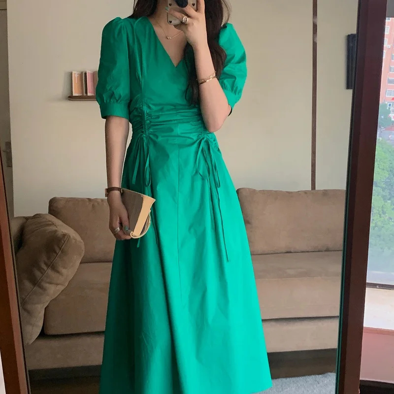 

Женское длинное платье с кулиской, с V-образным вырезом и пышными рукавами, в Корейском стиле, 2021