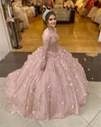 Розовое блестящее платье для Quinceanera, свадебные платья, корсет на шнуровке с длинным рукавом, милое платье на выпускной 16 лет, платья для xv лет