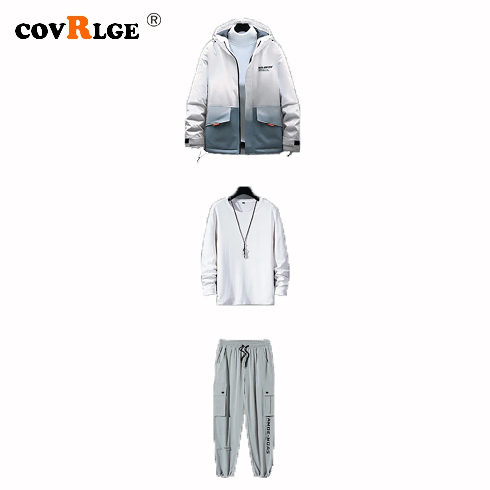 Covrlge 3 Pieces Sets Winter Korean Sportswear Suit Men's Long-sleeved Trousers Cardigan Trendy Coat+Shirt+Pants Suit MSX019