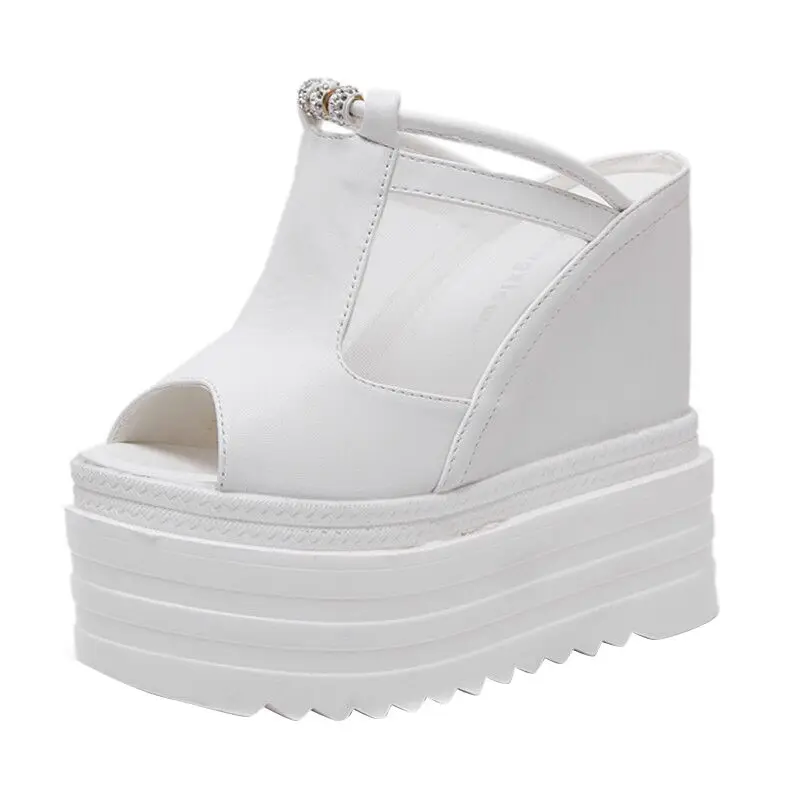 

Summer Sexy Temperament Super High Heel Waterproof Platform 14CM Mesh Slope With Ladies Fish Mouth Slippers For Outer Wear.