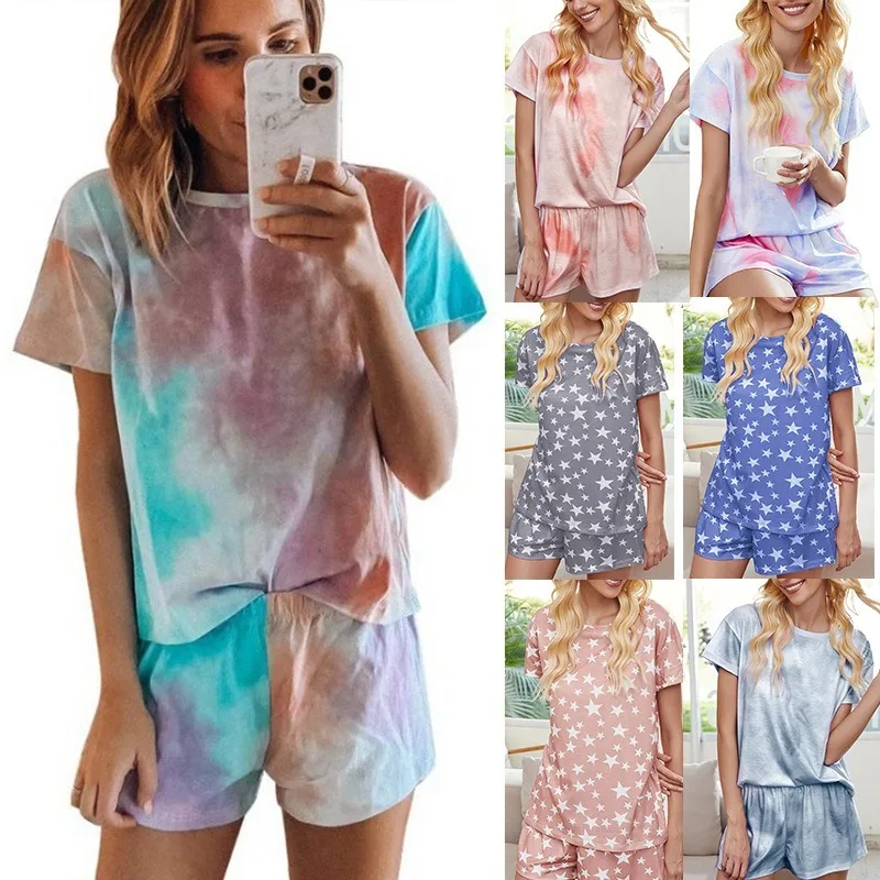 

2021 spring and summer new European and American women's tie-dye gradient color pajamas short-sleeved shorts home service suit