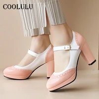 coolulu platform extreme high heels patent leather women shoes block heel dress pumps buckle round toe ladies footwear pink 48